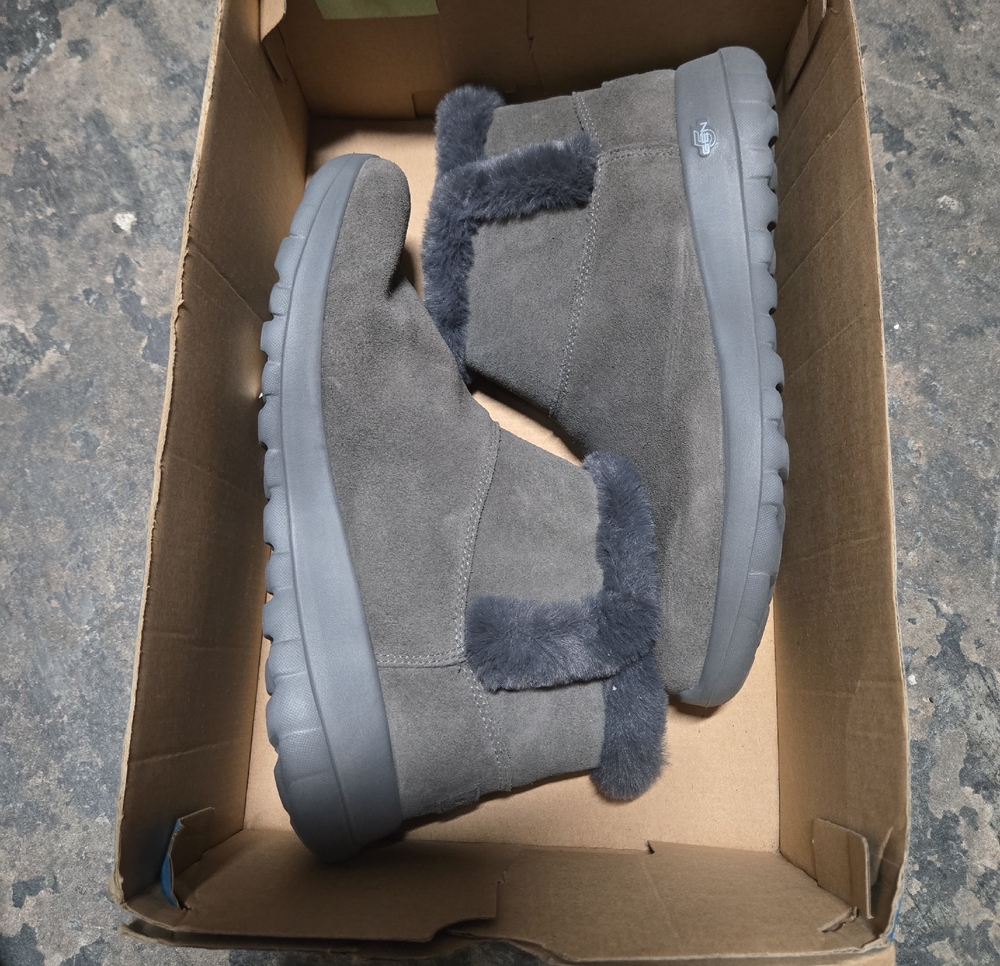 Skechers Gray Suede Ankle Booties with Faux Fur Trim On The Go
